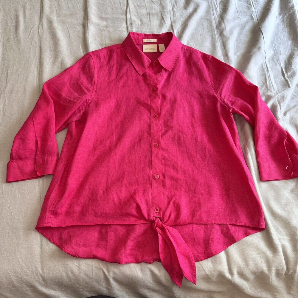 Chicos Women’s Shirt Pink Sz 1 100% Linen No-Iron Tie Button up Shirt Lagen Look